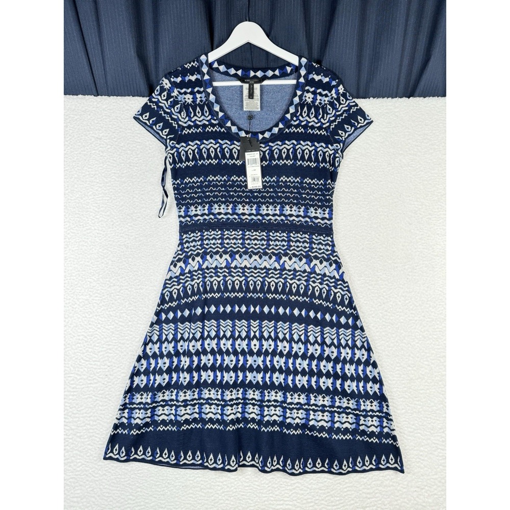 NEW $248 BCBG Maxazria Petites Dress Haileee Blue Aztec Women's Medium Petite